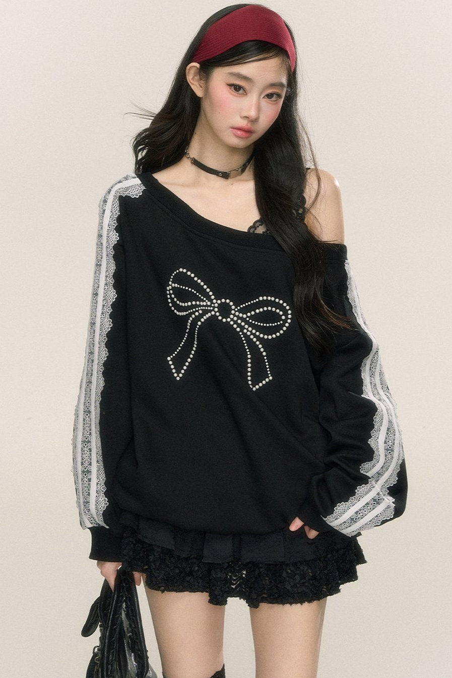 Less eyes [September 26 at 20 o'clock on sale] Less eyes bow fantasy loose slanted shoulder sweatshirt women's early autumn