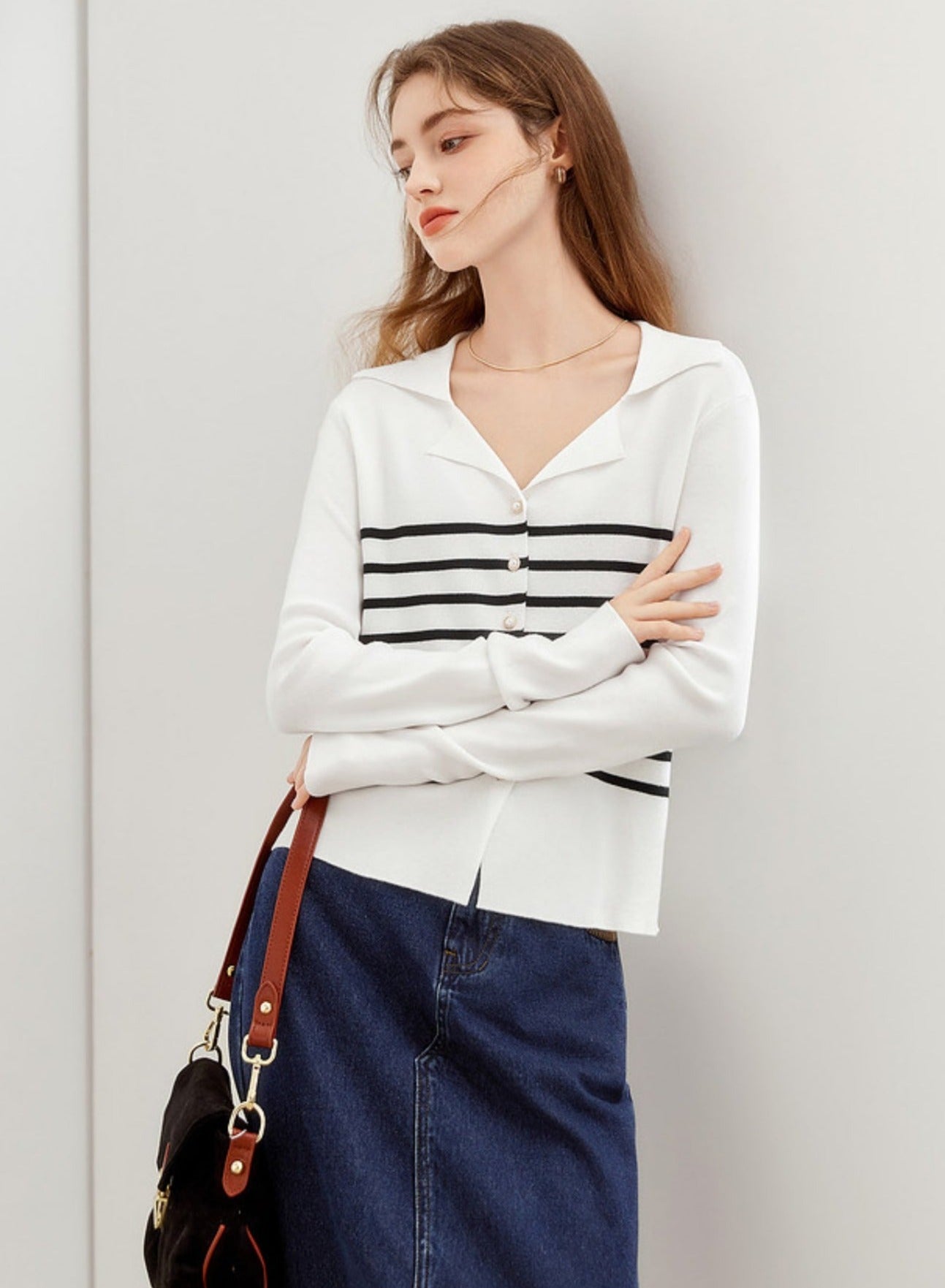 Lapel Striped Knitted Cardigan Top