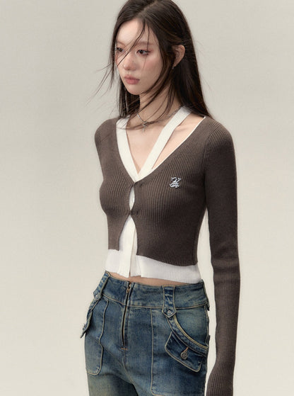 Cropped fake two irregular long sleeve knit top