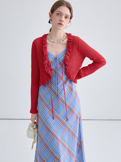 French Niche Cardigan With Check Slip Dress Set-Up