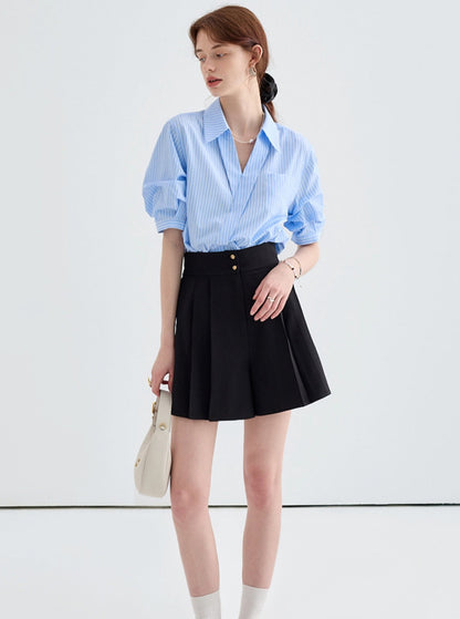 French V-Neck Casual Shirt And Skirt Set-Up