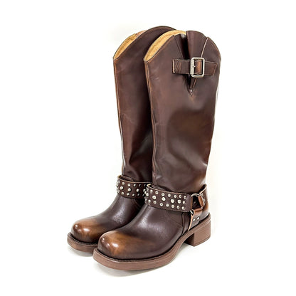 Vintage Stud Square Toe Tall Boots Shoes