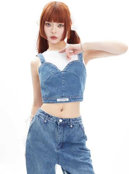 Strap Tank Top Denim Pants Two Piece Set