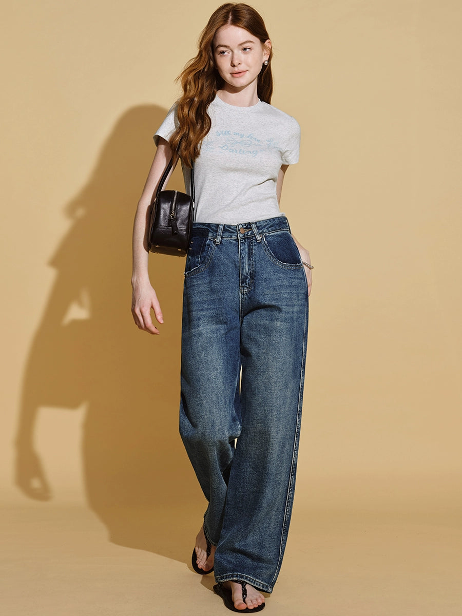 Blaue Jeans mit hoher Taille und geradem Bein