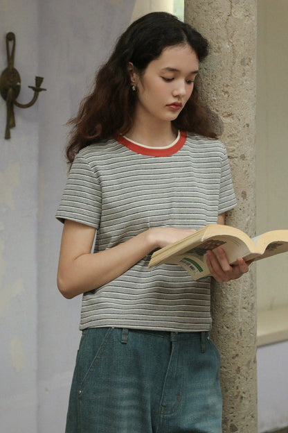 Contrast Double Collar Striped T-Shirt