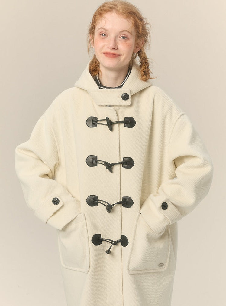 hooded mid-length horn button woolen coat