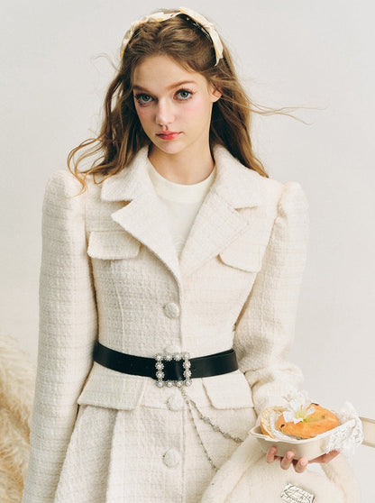 Mid-length pleated waist woolen jacket