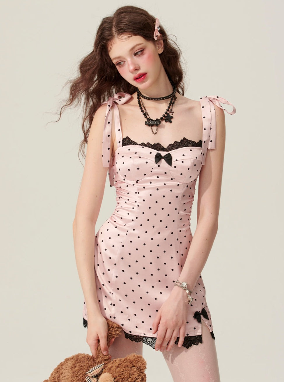 Shao auch Augen Frühling Pfirsich Mädchen rosa Tupfen Kleid Frauen Sommer A-Linie dünnen kurzen Rock Taille süßen Sommerkleid