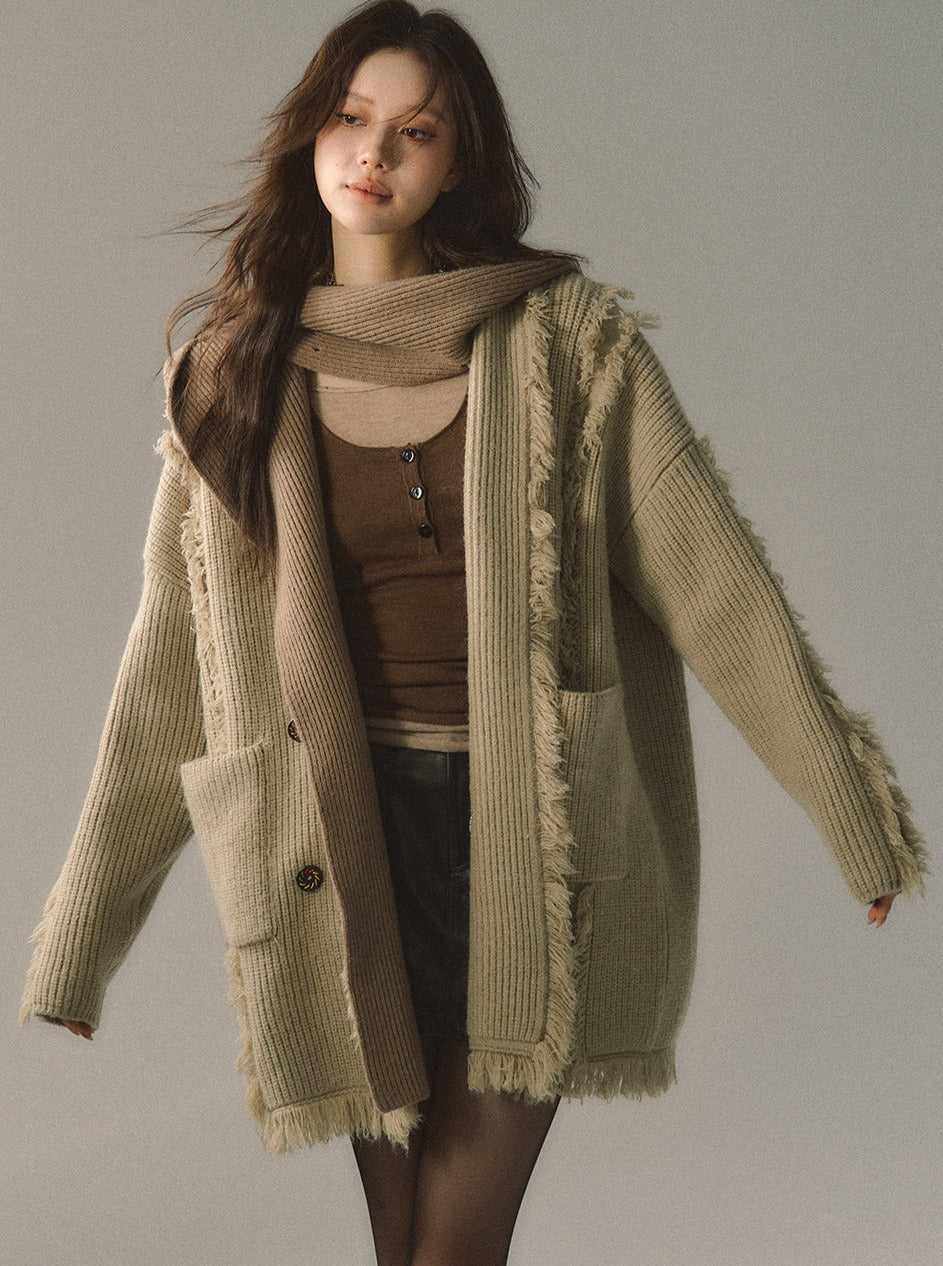 Mid-length hooded detachable knitted coat
