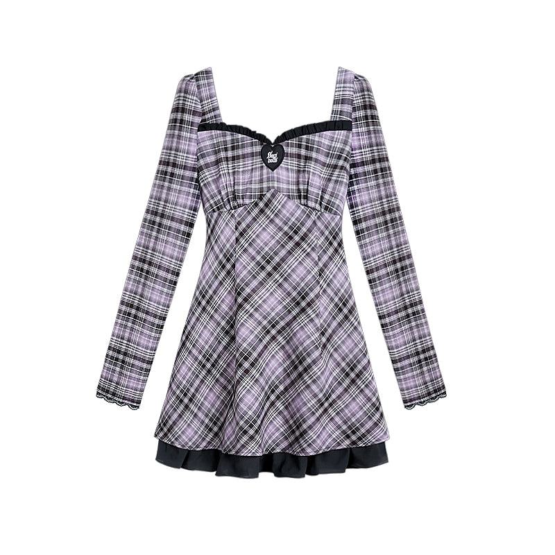 Plaid A-Line Bubble Longärmel Spitzenkleid