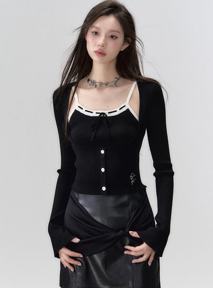 Black suspender knit cardigan two-piece set