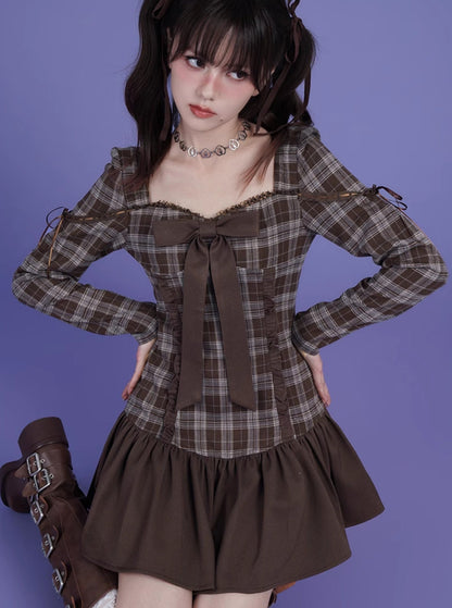 fighting spirit brown plaid bow dress