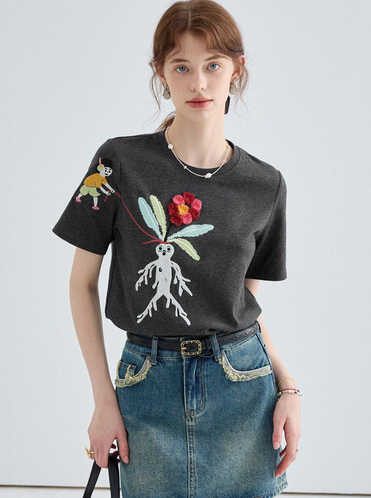 Childlike Embroidery Crew Neck T-Shirt