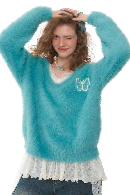 Retro Blue Fur V-Neck Sweater