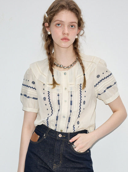 Embroidered Shirt & Denim Shorts Set-Up