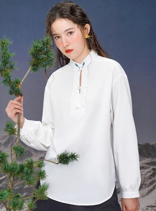 Chinesischer Stil Kiefer und Zypresse Schnalle Shirt
