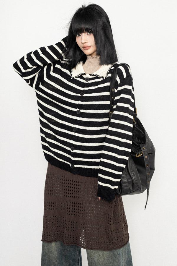 Vintage Striped Lapel Knit Sweater