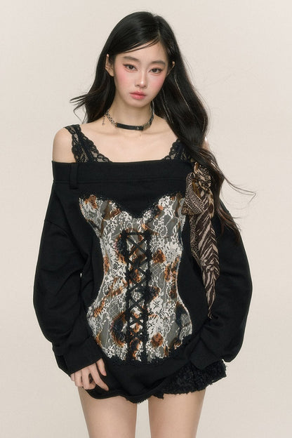 Paris Pictorial One-Shoulder Lace Sweatshirt Set-Up