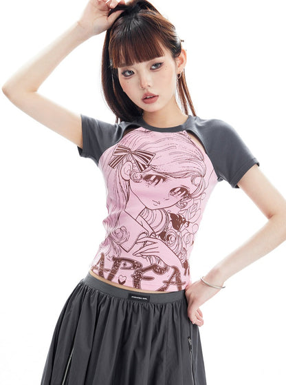 Print Raglan Short Sleeve T-shirt