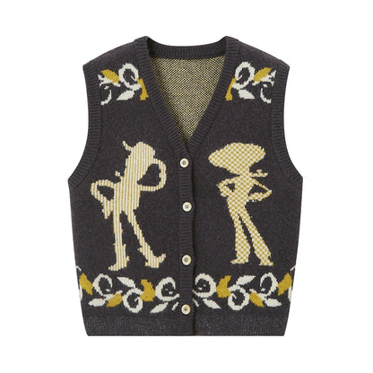 Retro Jacquard Knitted Denim Vest