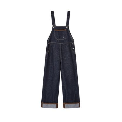 Dark Blue Denim Cuffed Overalls Pants