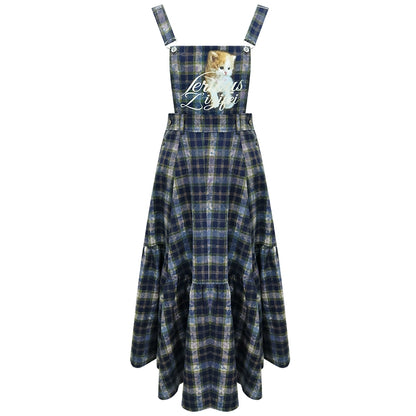 Slim Fit Cat Design Plaid Dress