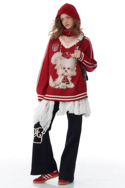 ziziFei autumn and winter american retro design sense poloV neck red shirt christmas sports style dog sweater women