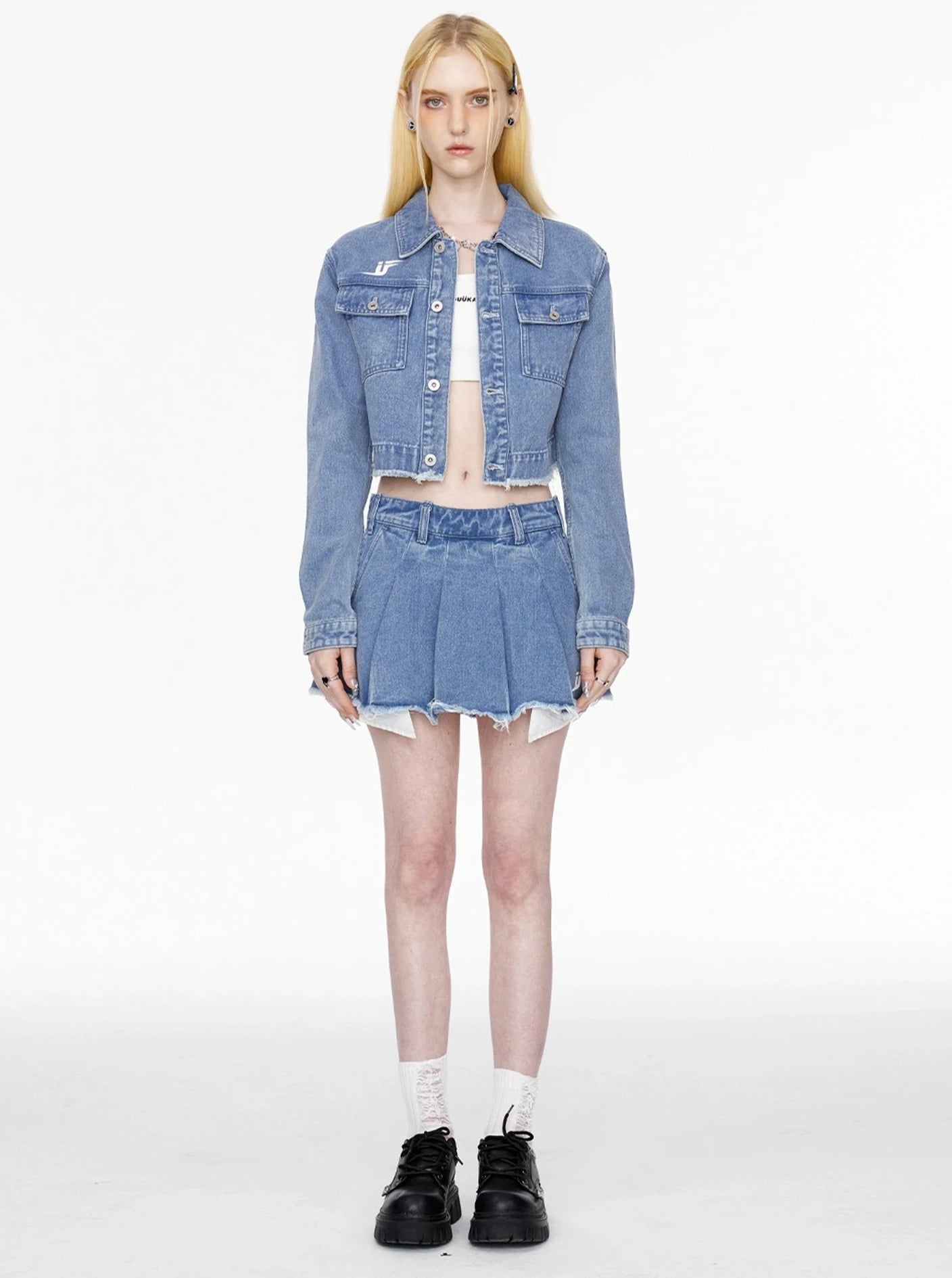 Washed Blue Pleated Denim Skirt