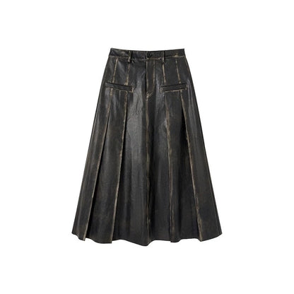 heavyweight rubbed midi leather skirt