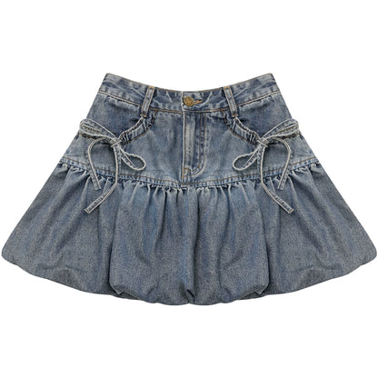 Sweet Bubble Bowknot Denim Skirt