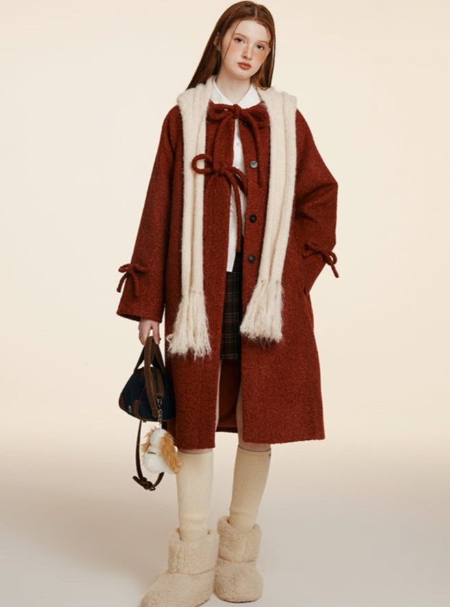 WHITE-RED HOOP TWEED WOOLEN COAT