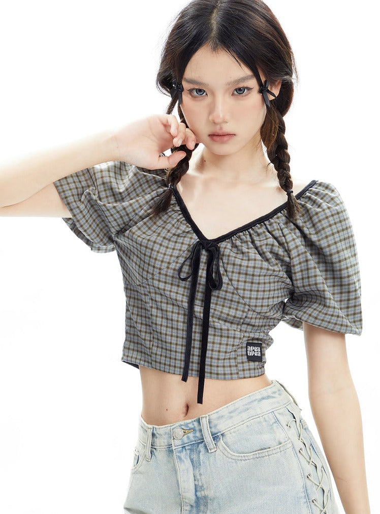 Bow Bubble Sleeve Plaid Short Shirt