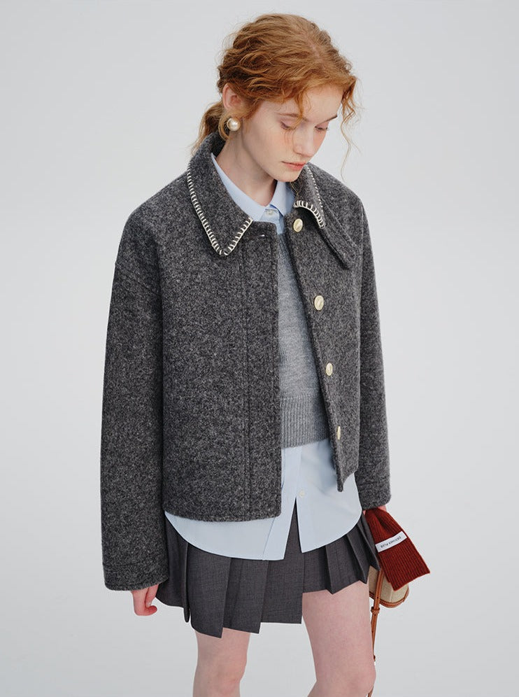 Gray lapel wool short coat