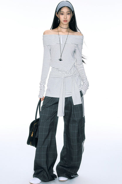 [Curriges September 26th New Arrivals] autumn and winter new one-shoulder striped waist tie long top