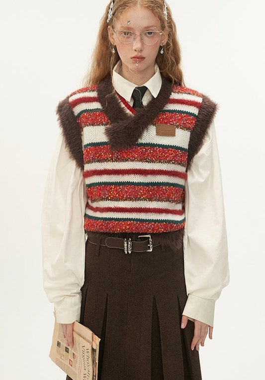Irregular Collar Sleeveless Knit Striped Vest