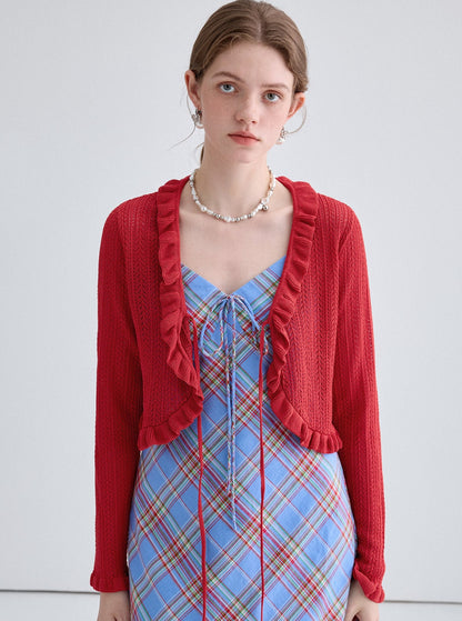 French Niche Cardigan With Check Slip Dress Set-Up