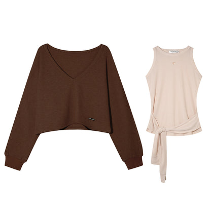 Waffle Knit V-Neck Sweater Set-Up