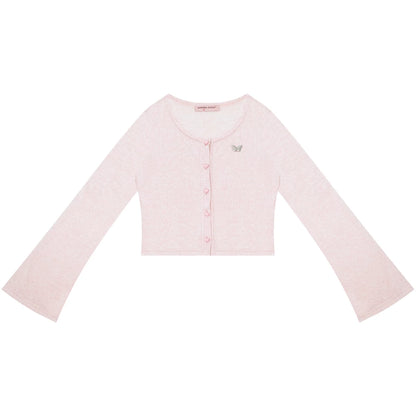 Bell-Sleeved Pink Knitted Cardigan