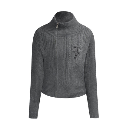 High-Neck Zipper Knit Sweater