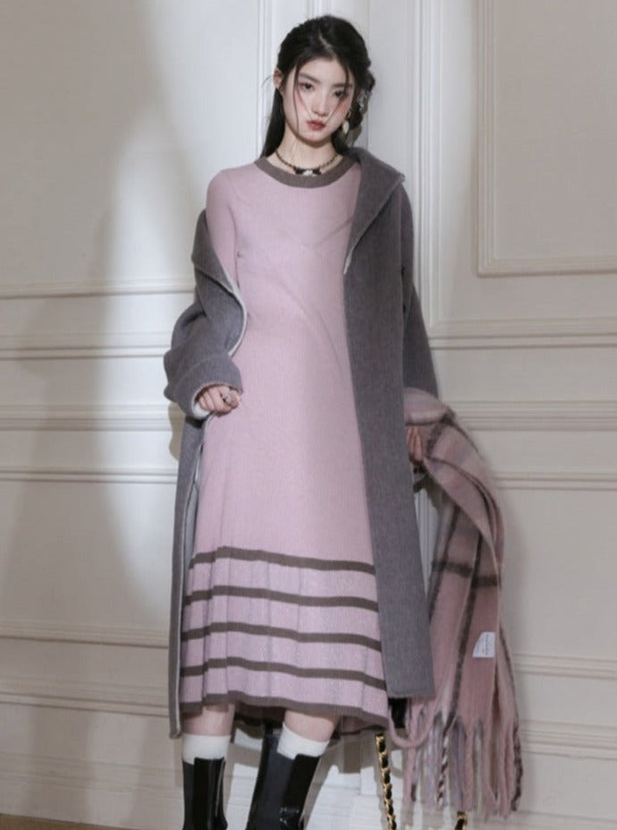 Pink Rose striped woollen knit dress