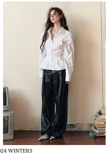 Loose Straight-Leg Leather Pants