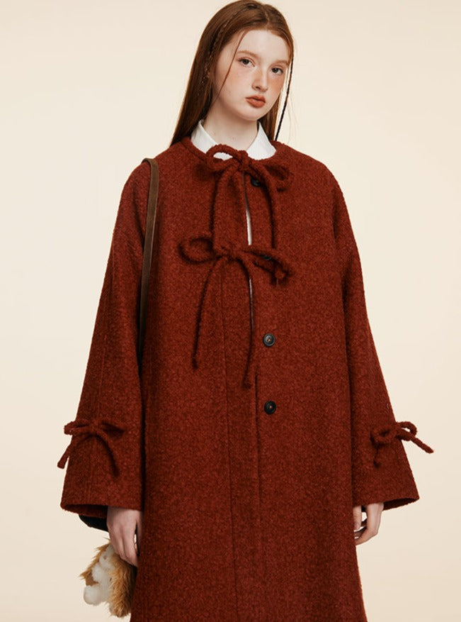 WHITE-RED HOOP TWEED WOOLEN COAT