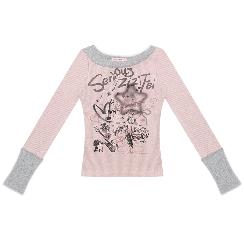 Patchwork Plush Crew Neck Knitted Base Shirt