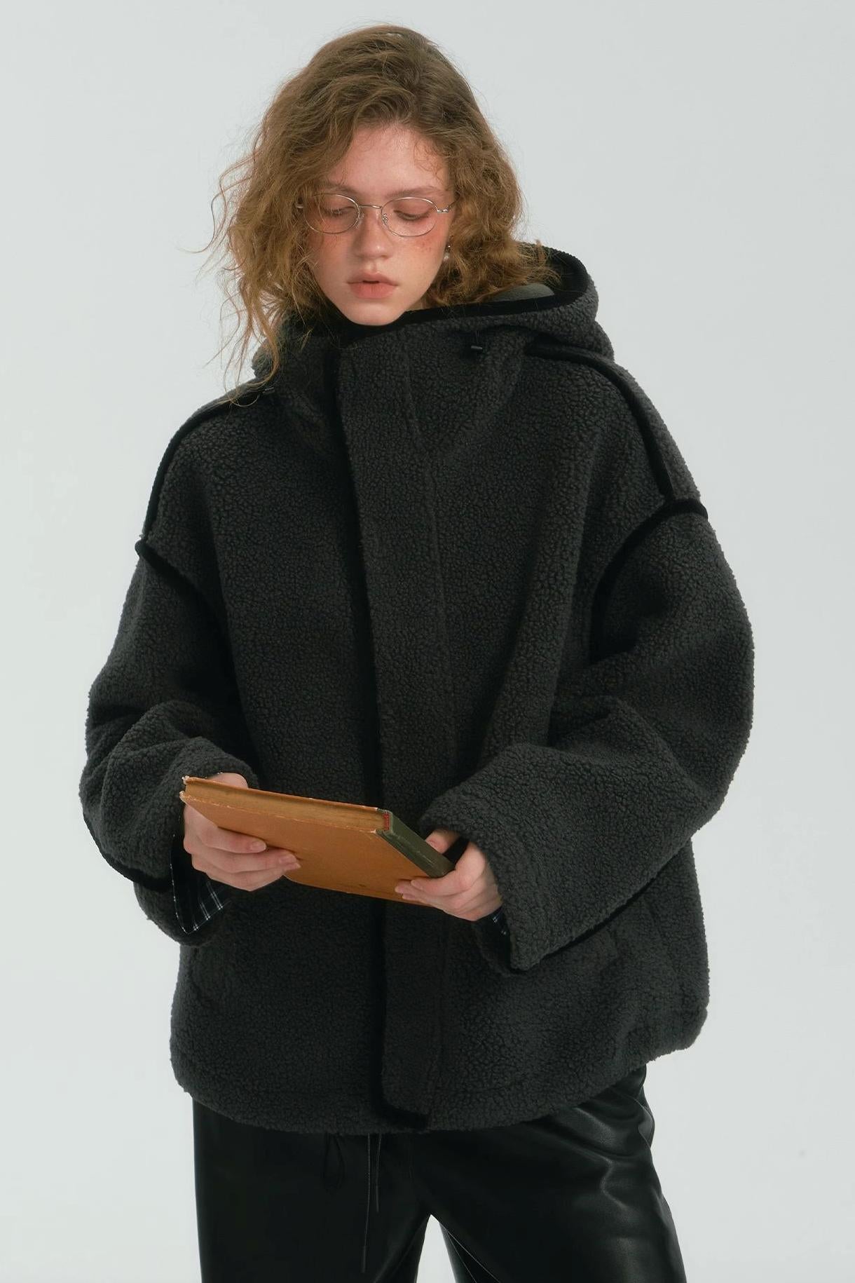 Contrast Piping Fleece Coat