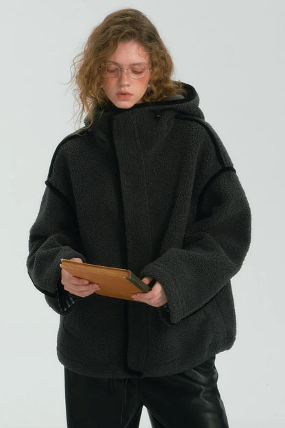 Contrast Piping Fleece Coat