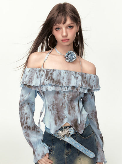 Ruffle Edge Tie Dye Long Sleeve Top