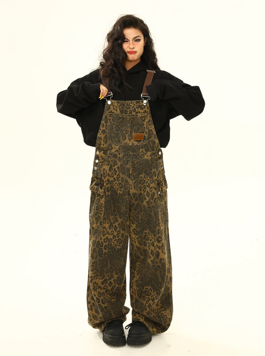 American retro leopard print cargo pocket bib pant