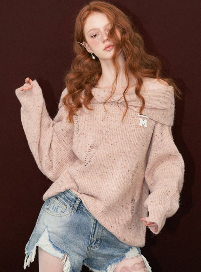 Off-Shoulder Long Sleeve Loose Knit Tops