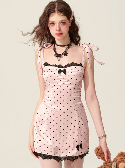 Shao auch Augen Frühling Pfirsich Mädchen rosa Tupfen Kleid Frauen Sommer A-Linie dünnen kurzen Rock Taille süßen Sommerkleid