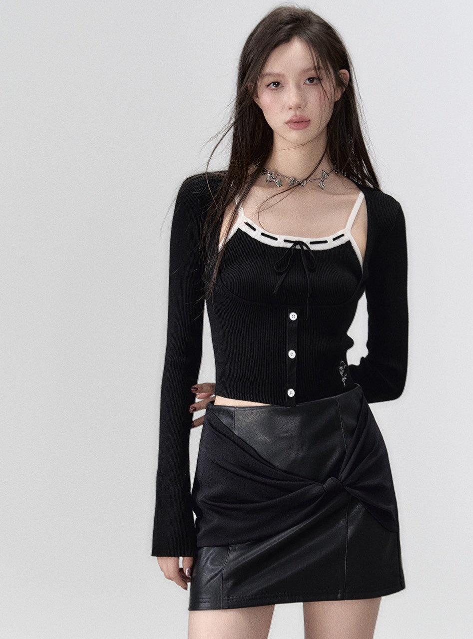 Black suspender knit cardigan two-piece set